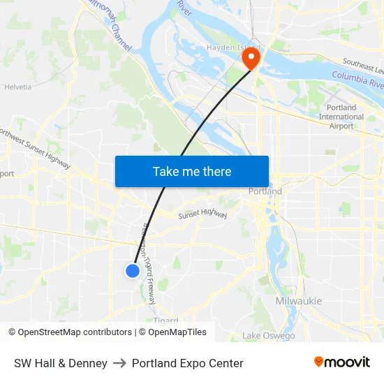 SW Hall & Denney to Portland Expo Center map