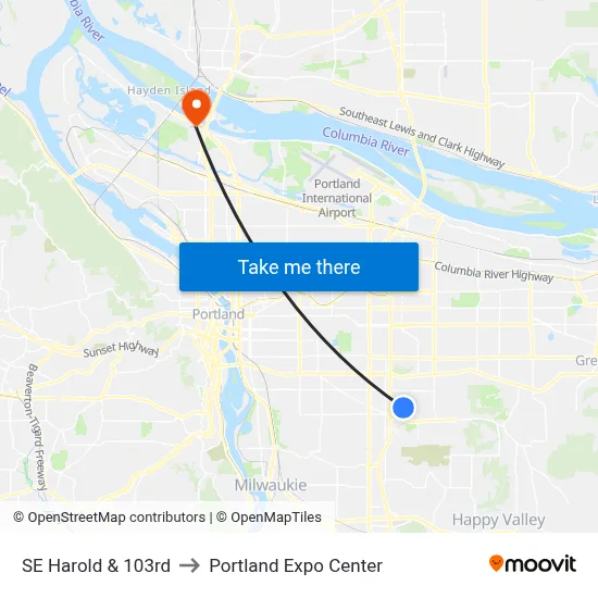 SE Harold & 103rd to Portland Expo Center map