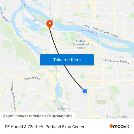 SE Harold & 72nd to Portland Expo Center map