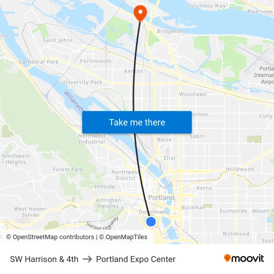 SW Harrison & 4th to Portland Expo Center map
