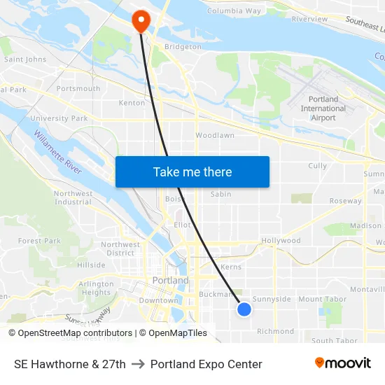 SE Hawthorne & 27th to Portland Expo Center map