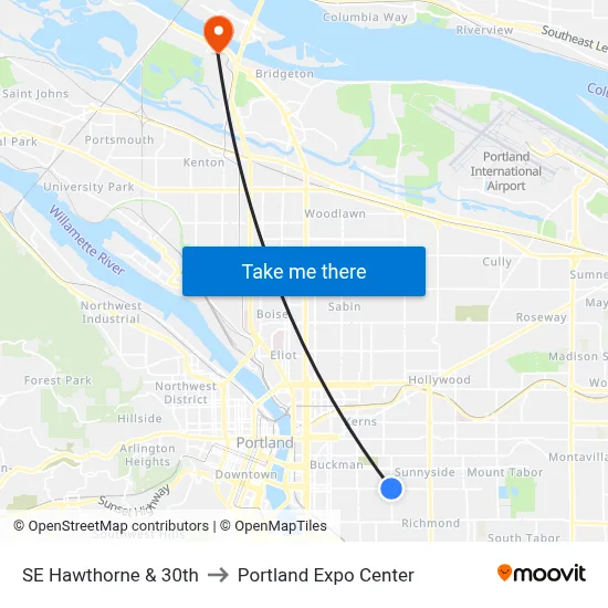 SE Hawthorne & 30th to Portland Expo Center map