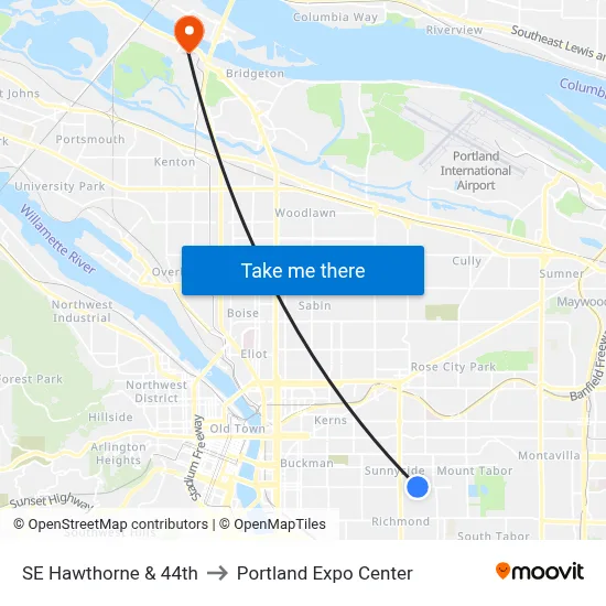 SE Hawthorne & 44th to Portland Expo Center map