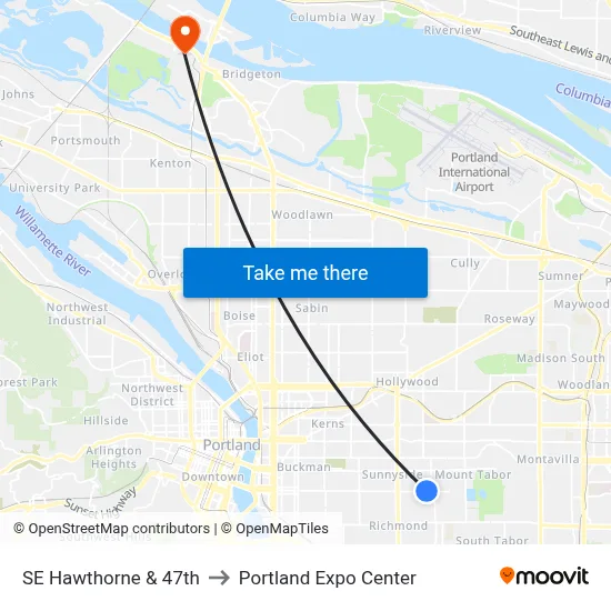 SE Hawthorne & 47th to Portland Expo Center map