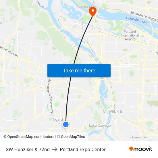 SW Hunziker & 72nd to Portland Expo Center map