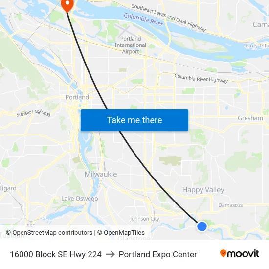 16000 Block SE Hwy 224 to Portland Expo Center map