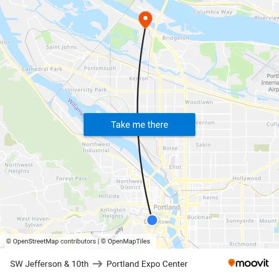 SW Jefferson & 10th to Portland Expo Center map
