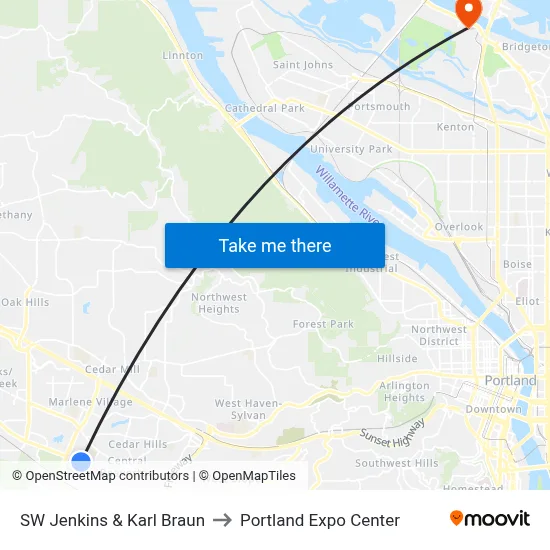 SW Jenkins & Karl Braun to Portland Expo Center map