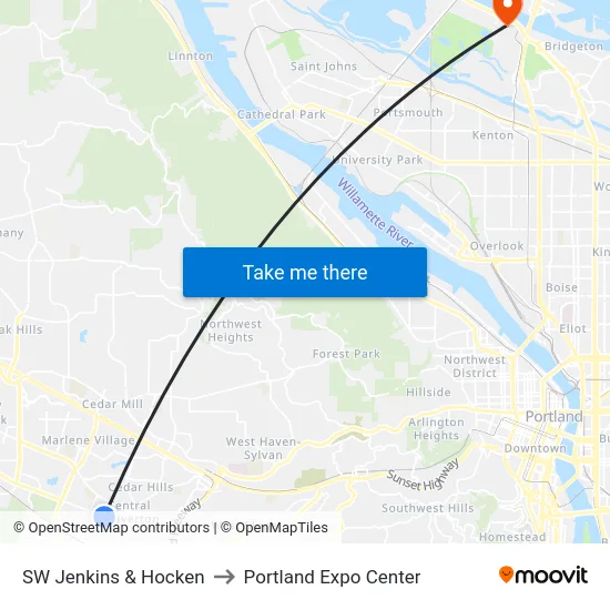 SW Jenkins & Hocken to Portland Expo Center map