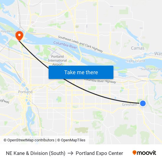 NE Kane & Division (South) to Portland Expo Center map