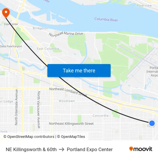 NE Killingsworth & 60th to Portland Expo Center map