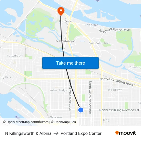 N Killingsworth & Albina to Portland Expo Center map