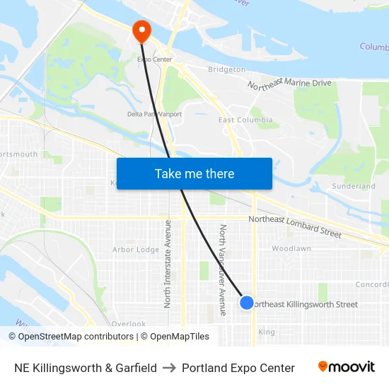 NE Killingsworth & Garfield to Portland Expo Center map