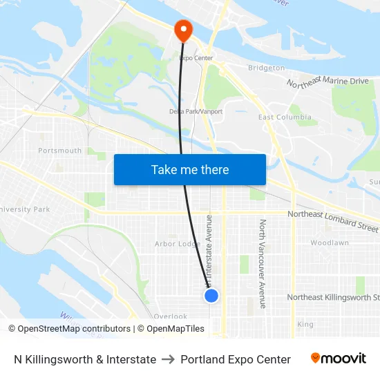 N Killingsworth & Interstate to Portland Expo Center map