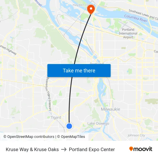Kruse Way & Kruse Oaks to Portland Expo Center map