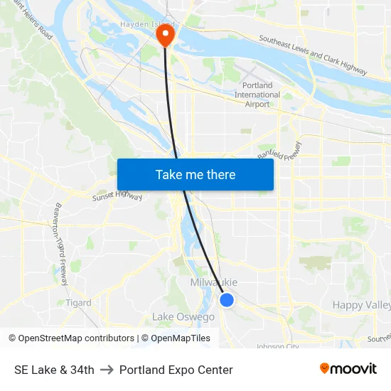 SE Lake & 34th to Portland Expo Center map