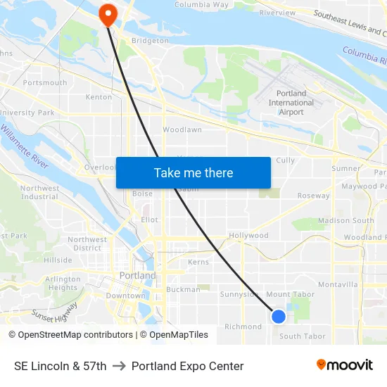 SE Lincoln & 57th to Portland Expo Center map