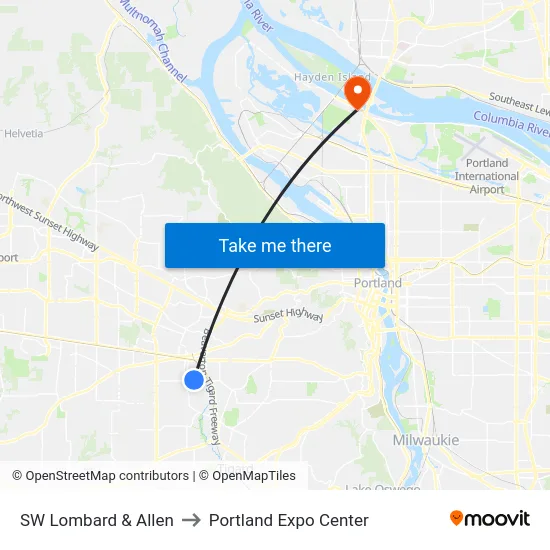 SW Lombard & Allen to Portland Expo Center map