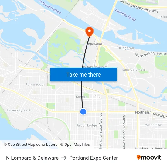 N Lombard & Delaware to Portland Expo Center map