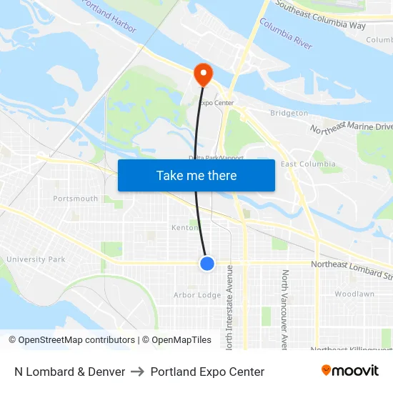N Lombard & Denver to Portland Expo Center map