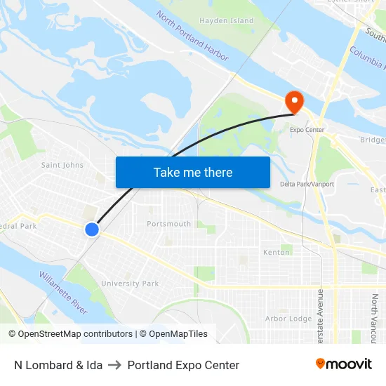 N Lombard & Ida to Portland Expo Center map