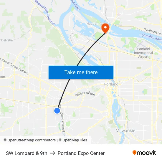 SW Lombard & 9th to Portland Expo Center map