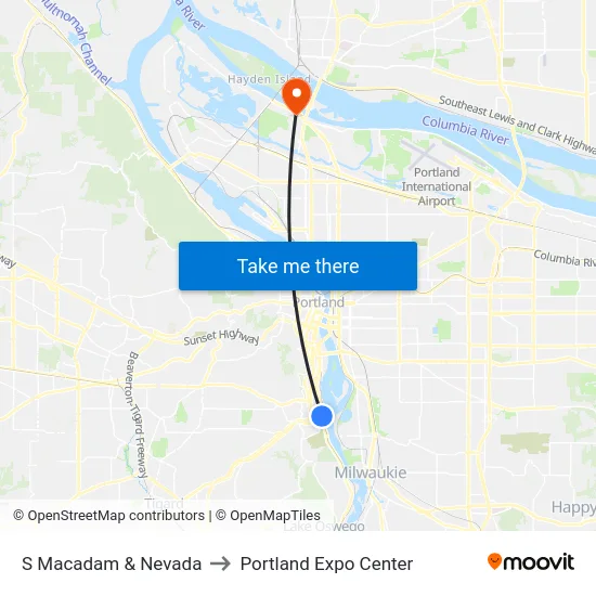 S Macadam & Nevada to Portland Expo Center map