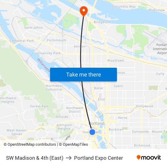 SW Madison & 4th (East) to Portland Expo Center map