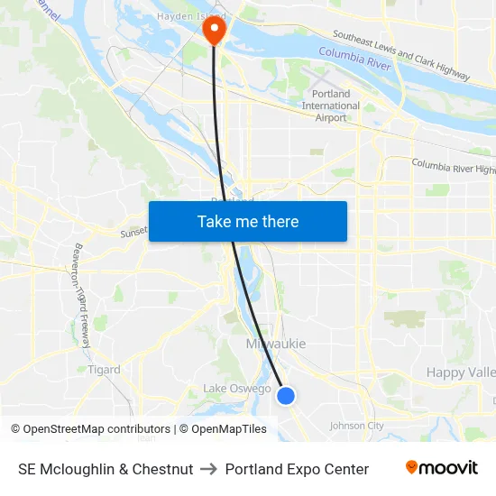 SE Mcloughlin & Chestnut to Portland Expo Center map