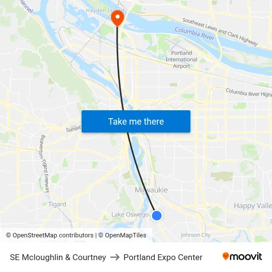 SE Mcloughlin & Courtney to Portland Expo Center map