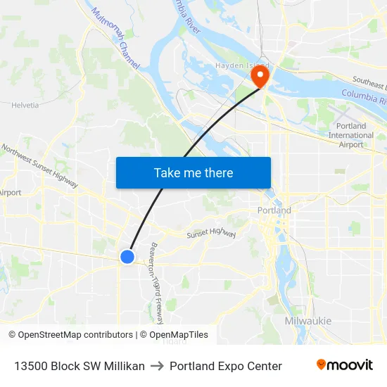13500 Block SW Millikan to Portland Expo Center map