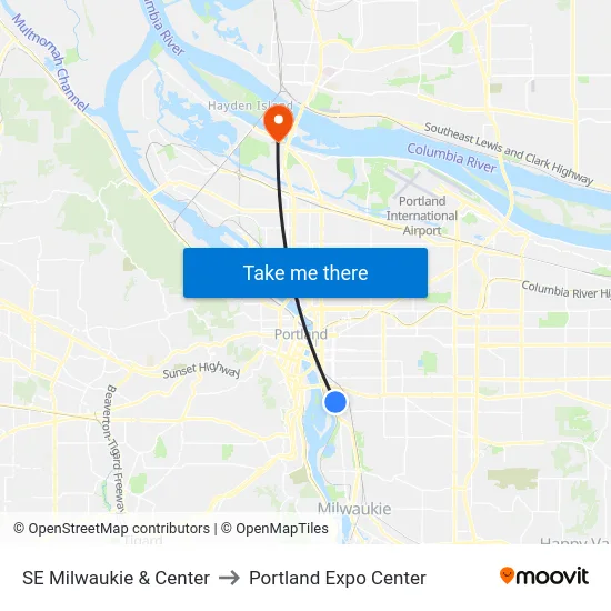 SE Milwaukie & Center to Portland Expo Center map