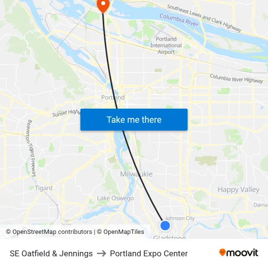 SE Oatfield & Jennings to Portland Expo Center map