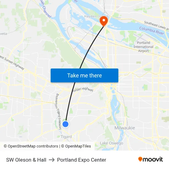 SW Oleson & Hall to Portland Expo Center map
