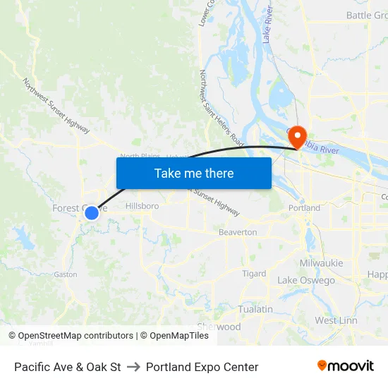 Pacific Ave & Oak St to Portland Expo Center map