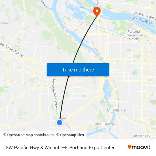 SW Pacific Hwy & Walnut to Portland Expo Center map