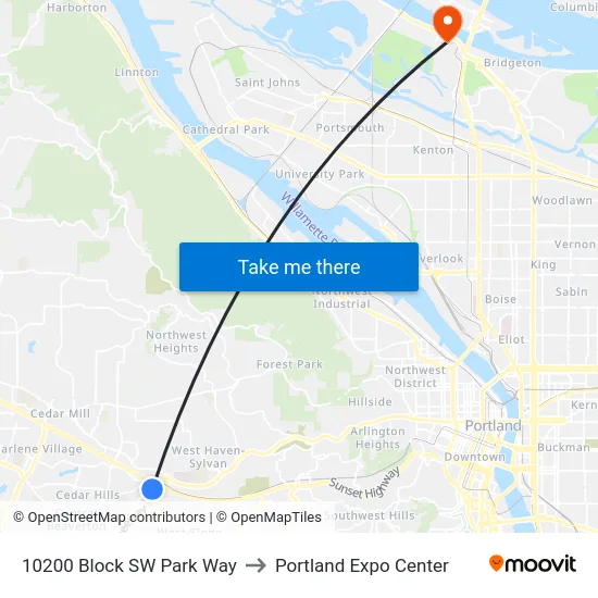 10200 Block SW Park Way to Portland Expo Center map