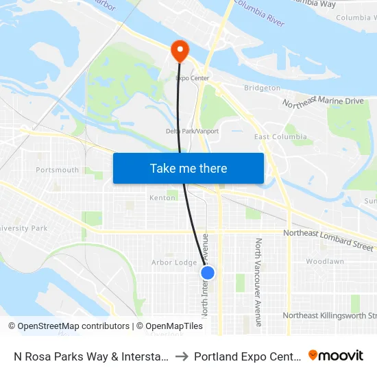 N Rosa Parks Way & Interstate to Portland Expo Center map