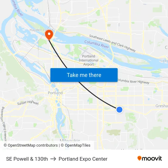 SE Powell & 130th to Portland Expo Center map