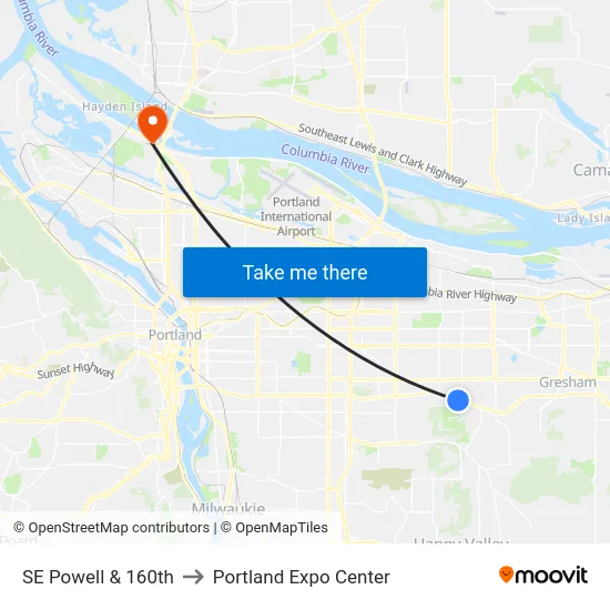 SE Powell & 160th to Portland Expo Center map