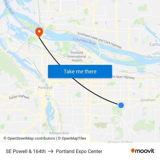 SE Powell & 164th to Portland Expo Center map