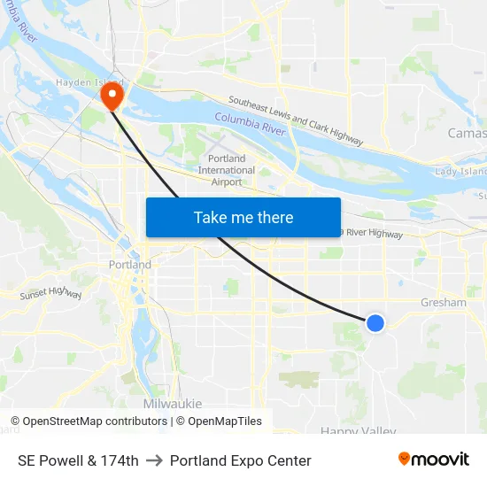 SE Powell & 174th to Portland Expo Center map