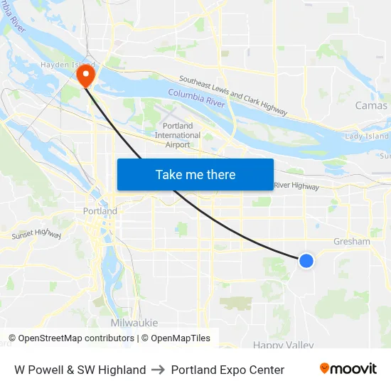 W Powell & SW Highland to Portland Expo Center map