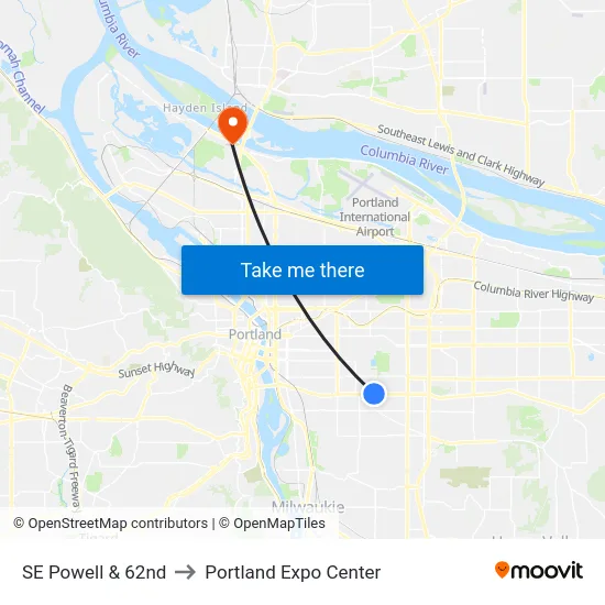 SE Powell & 62nd to Portland Expo Center map