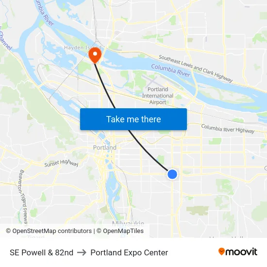 SE Powell & 82nd to Portland Expo Center map