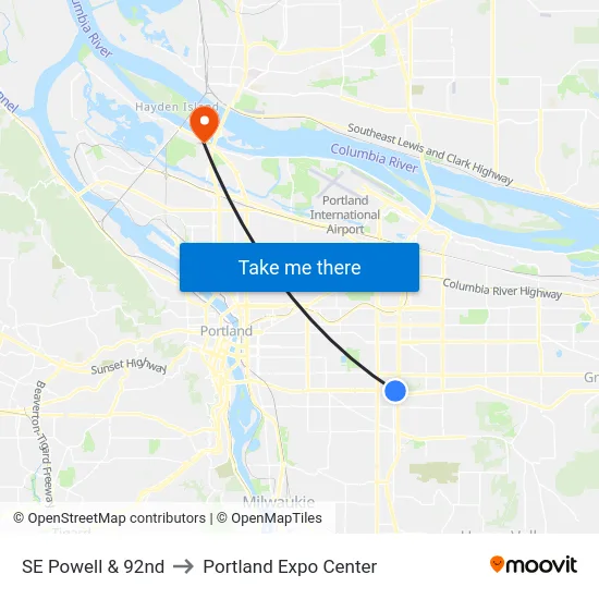 SE Powell & 92nd to Portland Expo Center map