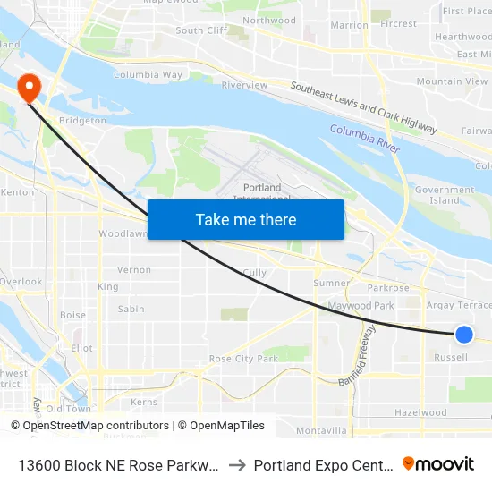 13600 Block NE Rose Parkway to Portland Expo Center map