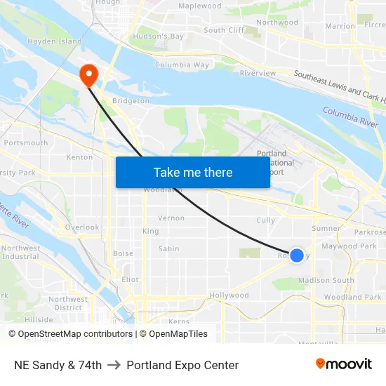 NE Sandy & 74th to Portland Expo Center map