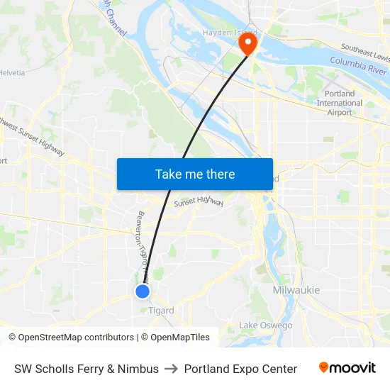 SW Scholls Ferry & Nimbus to Portland Expo Center map