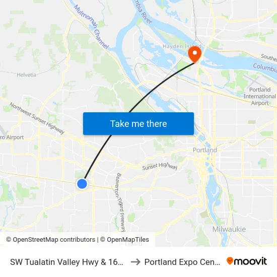 SW Tualatin Valley Hwy & 160th to Portland Expo Center map